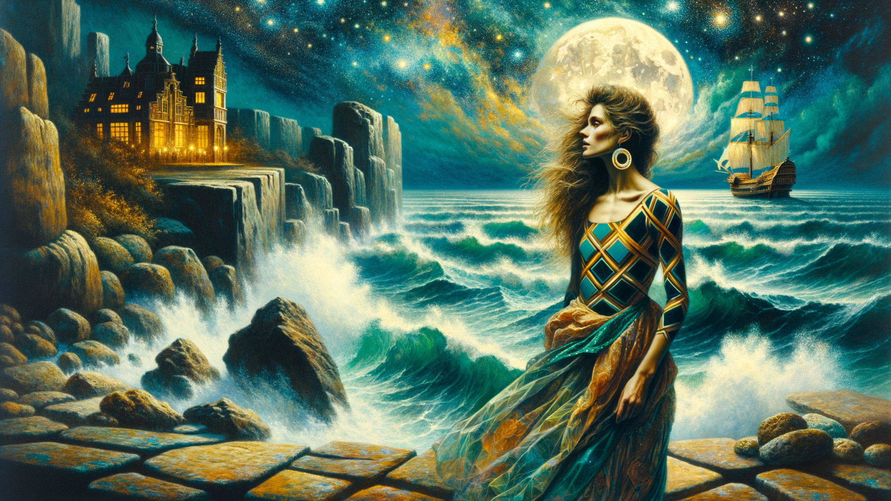 Mystical Scene of Woman by Moonlit Rocky Shores