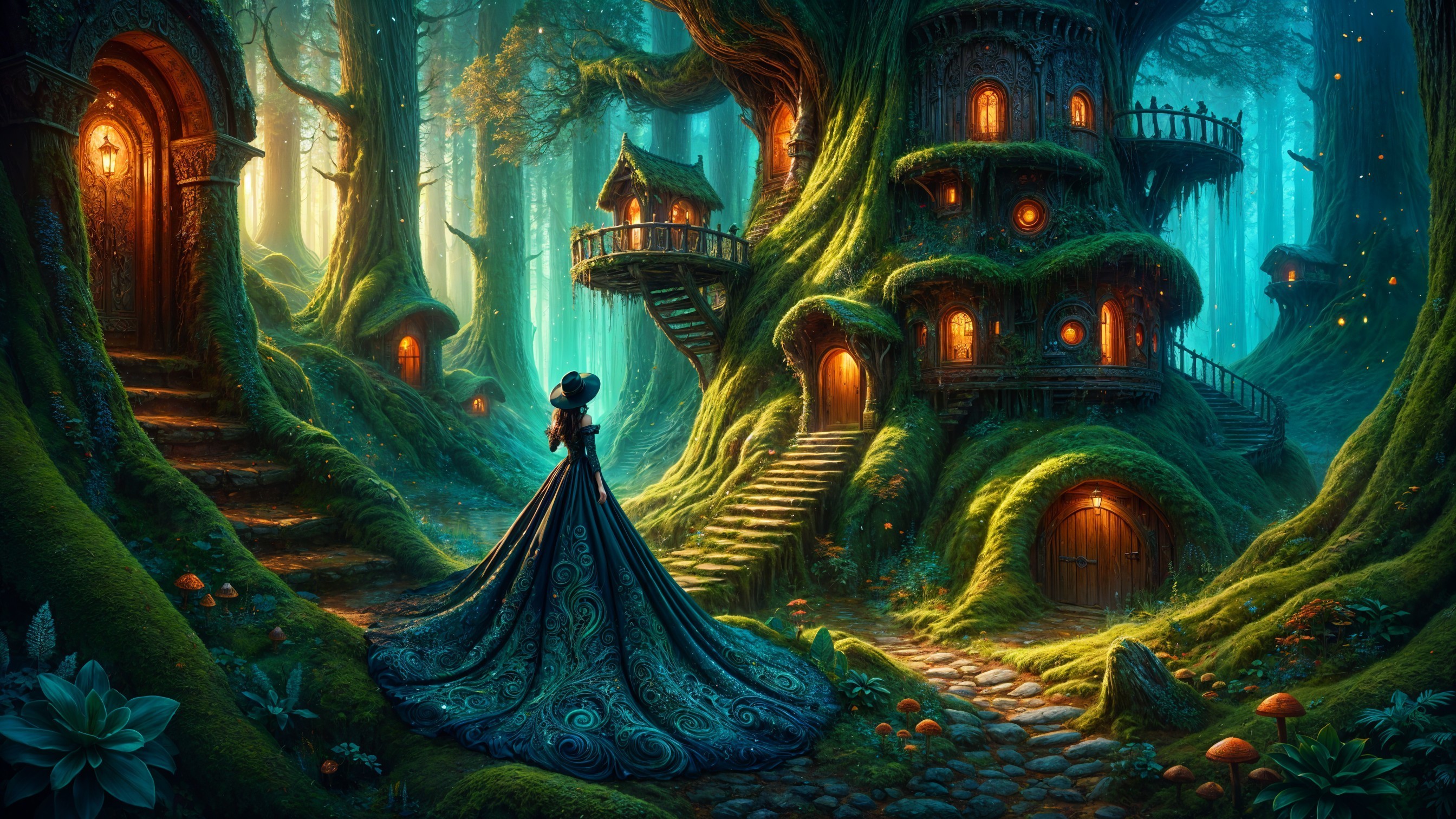Mystical Forest with Whimsical Homes and Lush Greenery