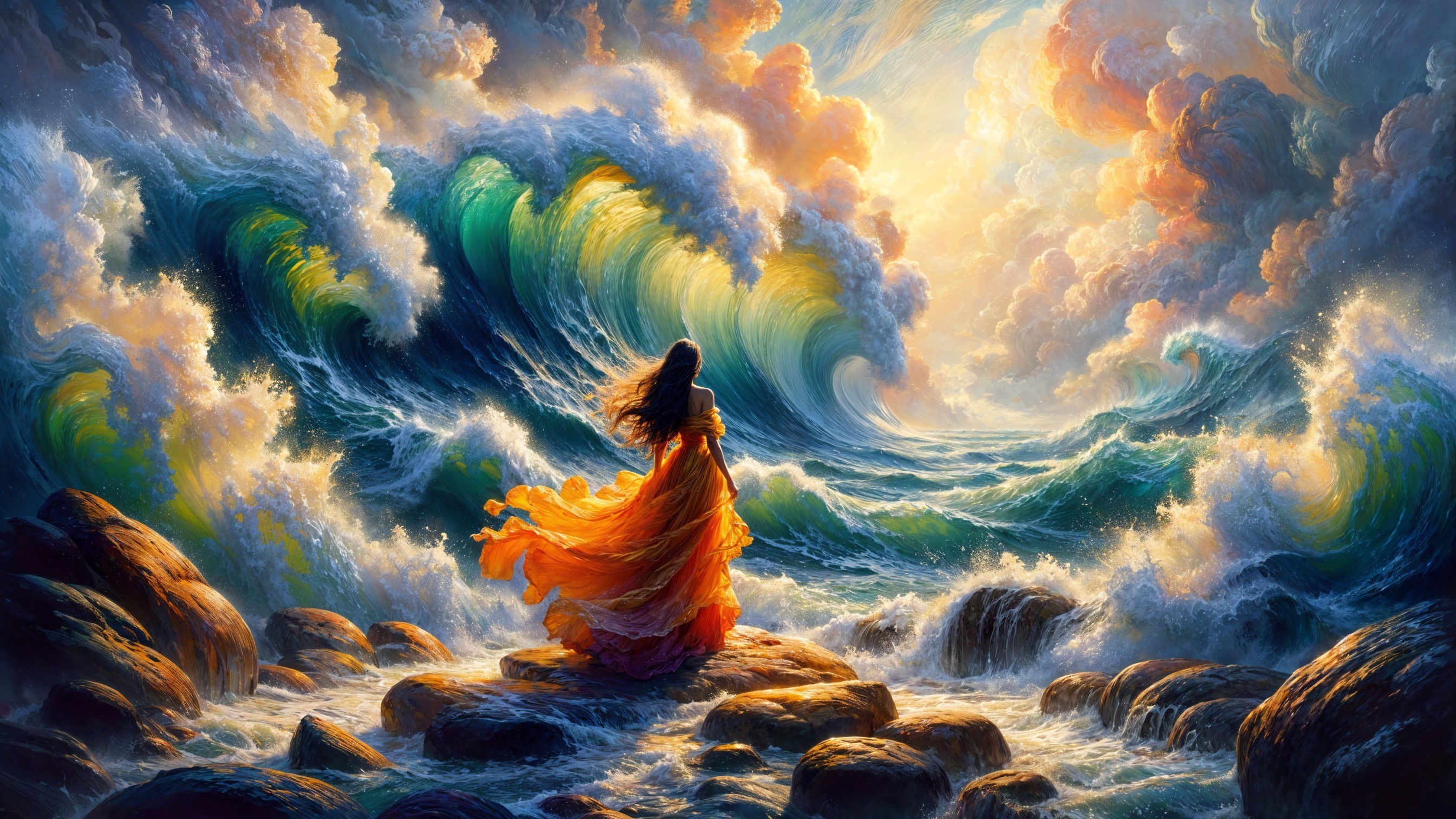 Woman in Orange Dress on Rocky Shores at Sunset
