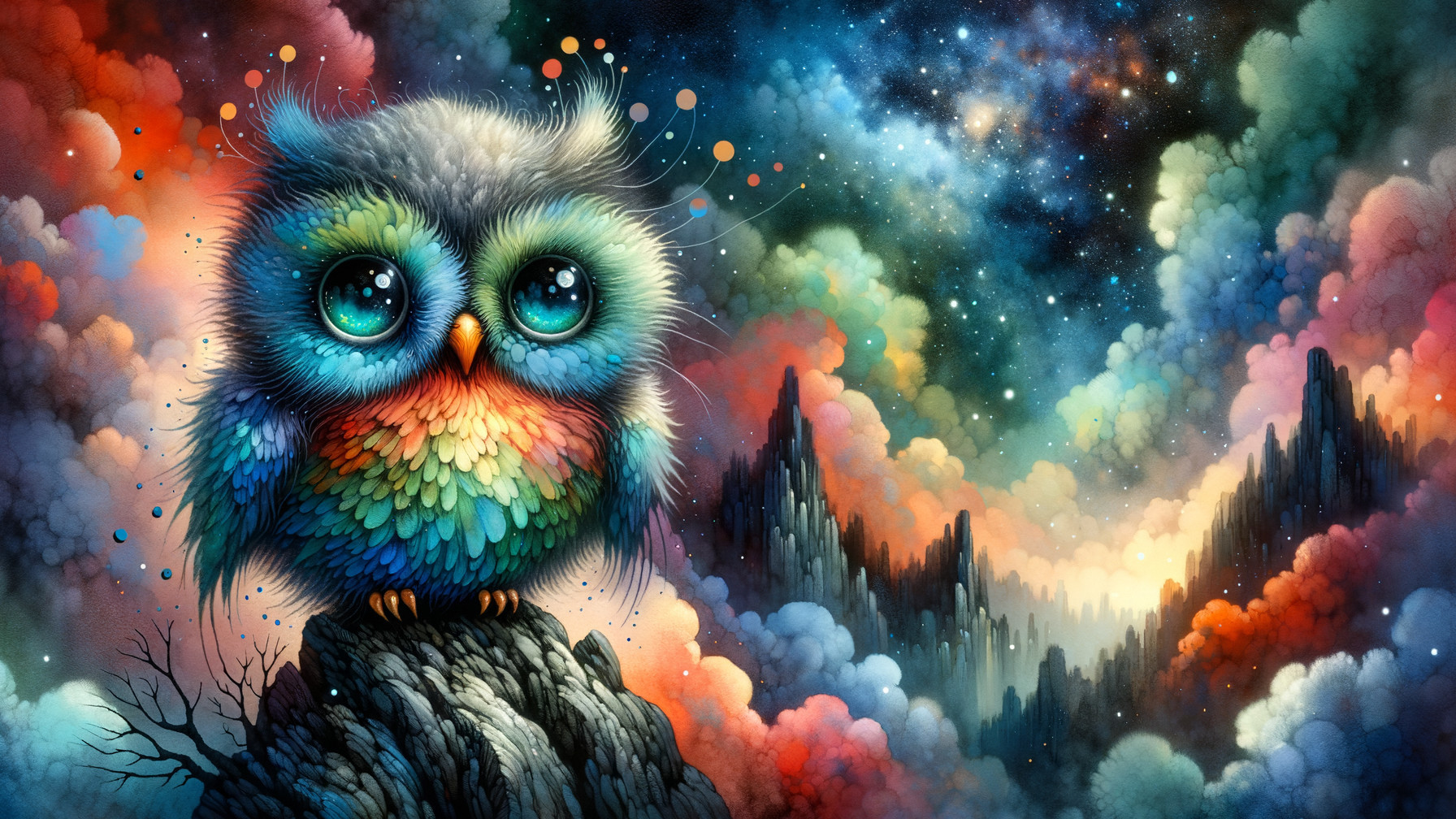 Colorful Owl in a Dreamlike Cosmic Landscape