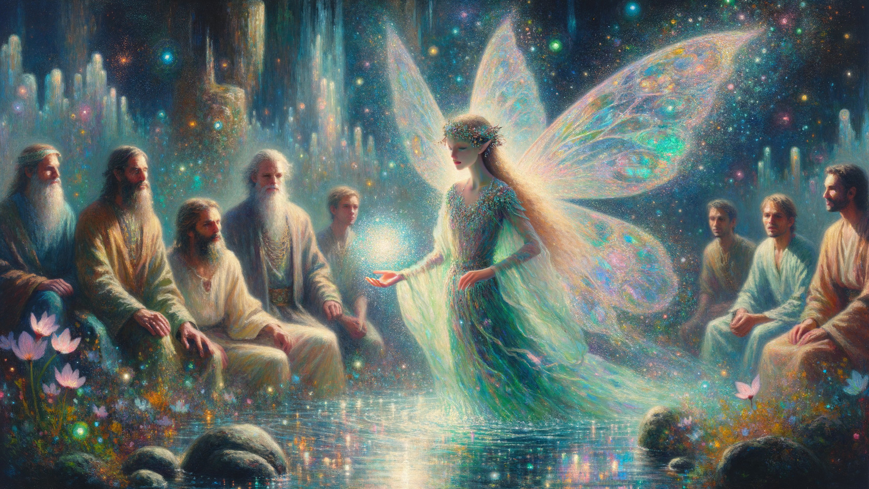 Fairy with Iridescent Wings by Shimmering Pool