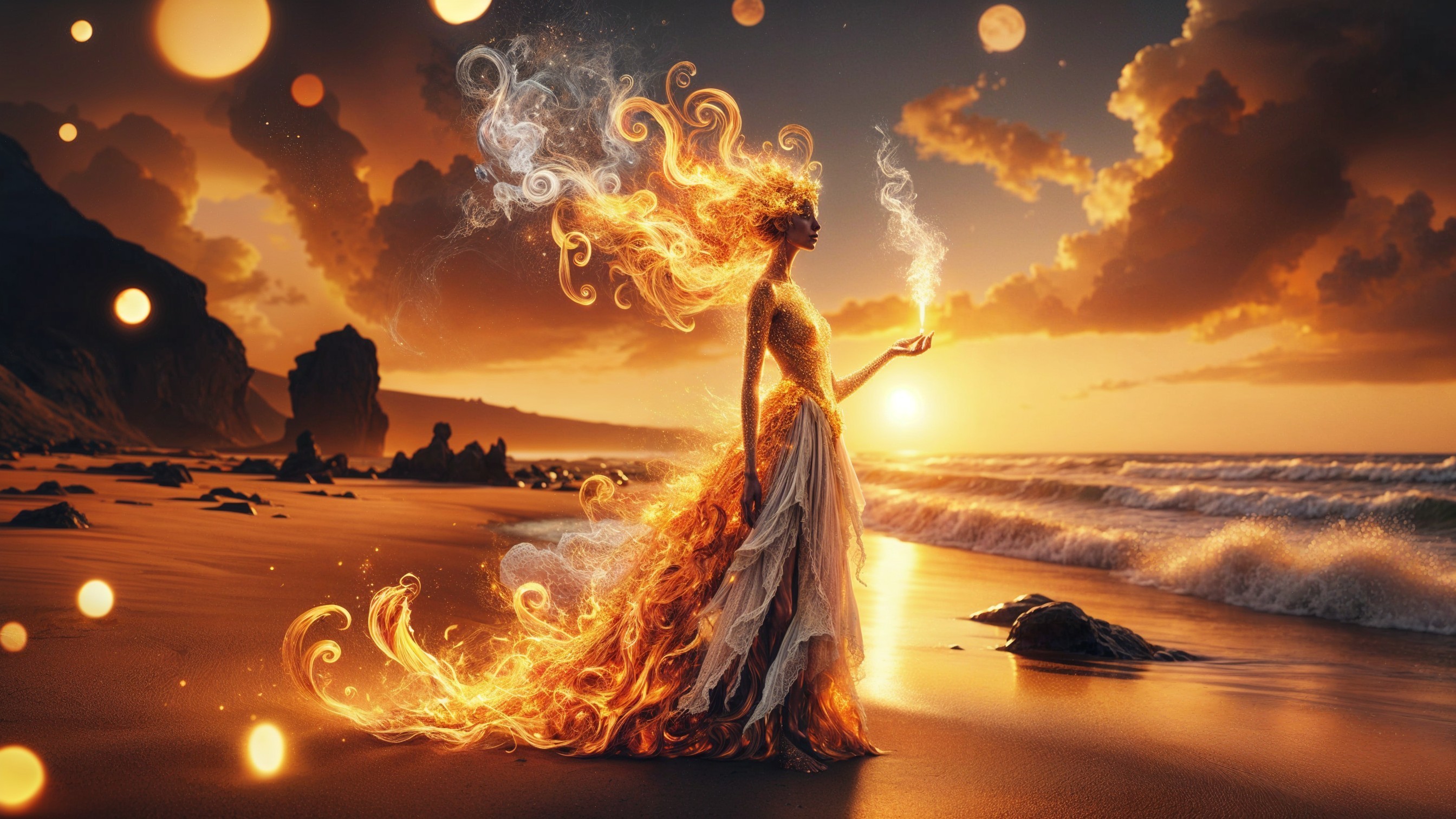 Mystical figure in flowing gown at sunset beach