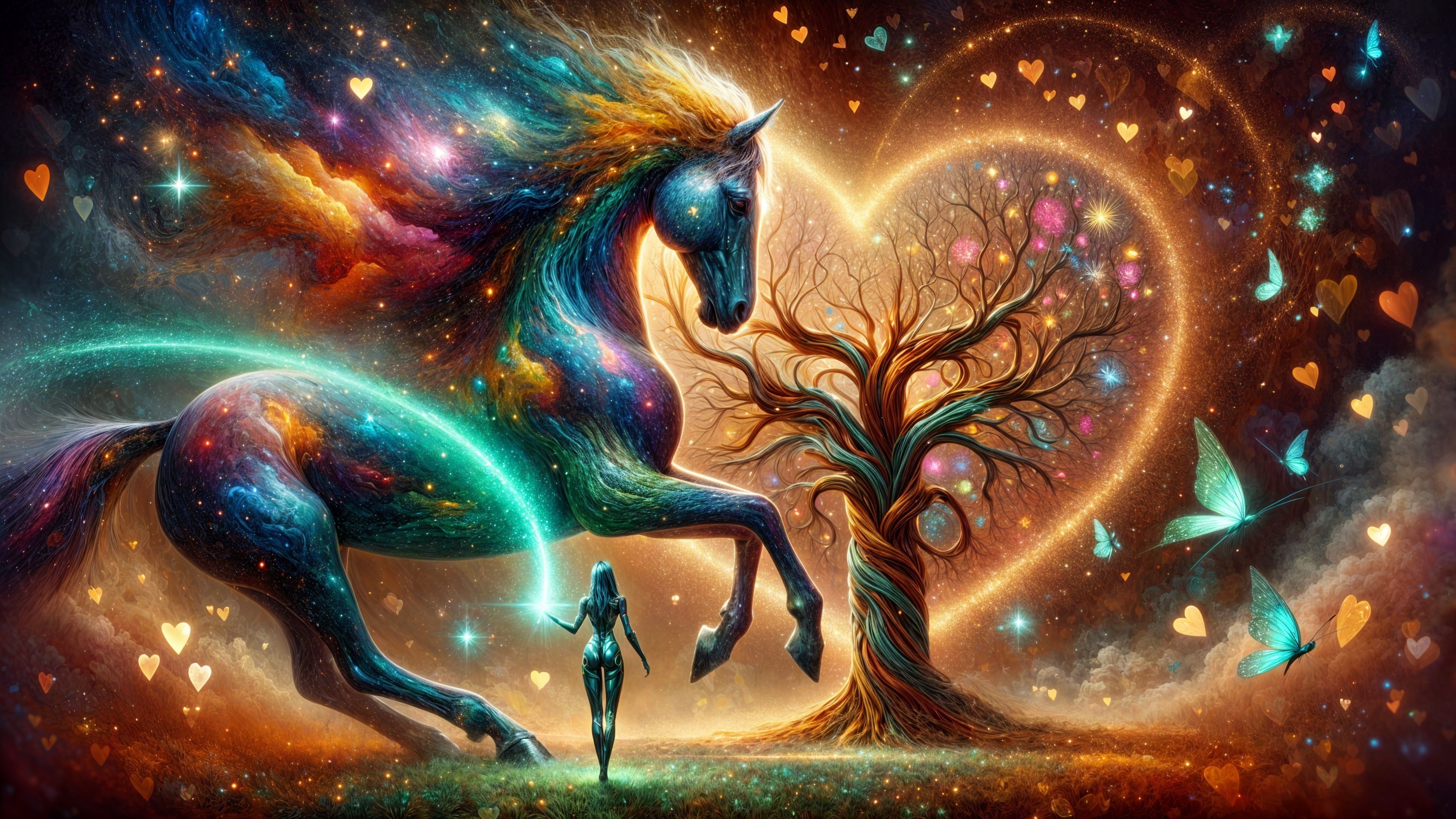 Unicorn and Cosmic Tree in a Dreamlike Landscape
