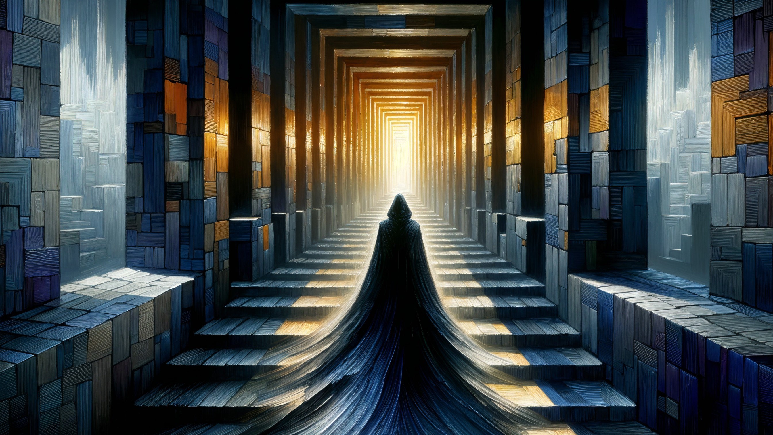 Cloaked Figure at Dark Corridor Entrance with Patterns