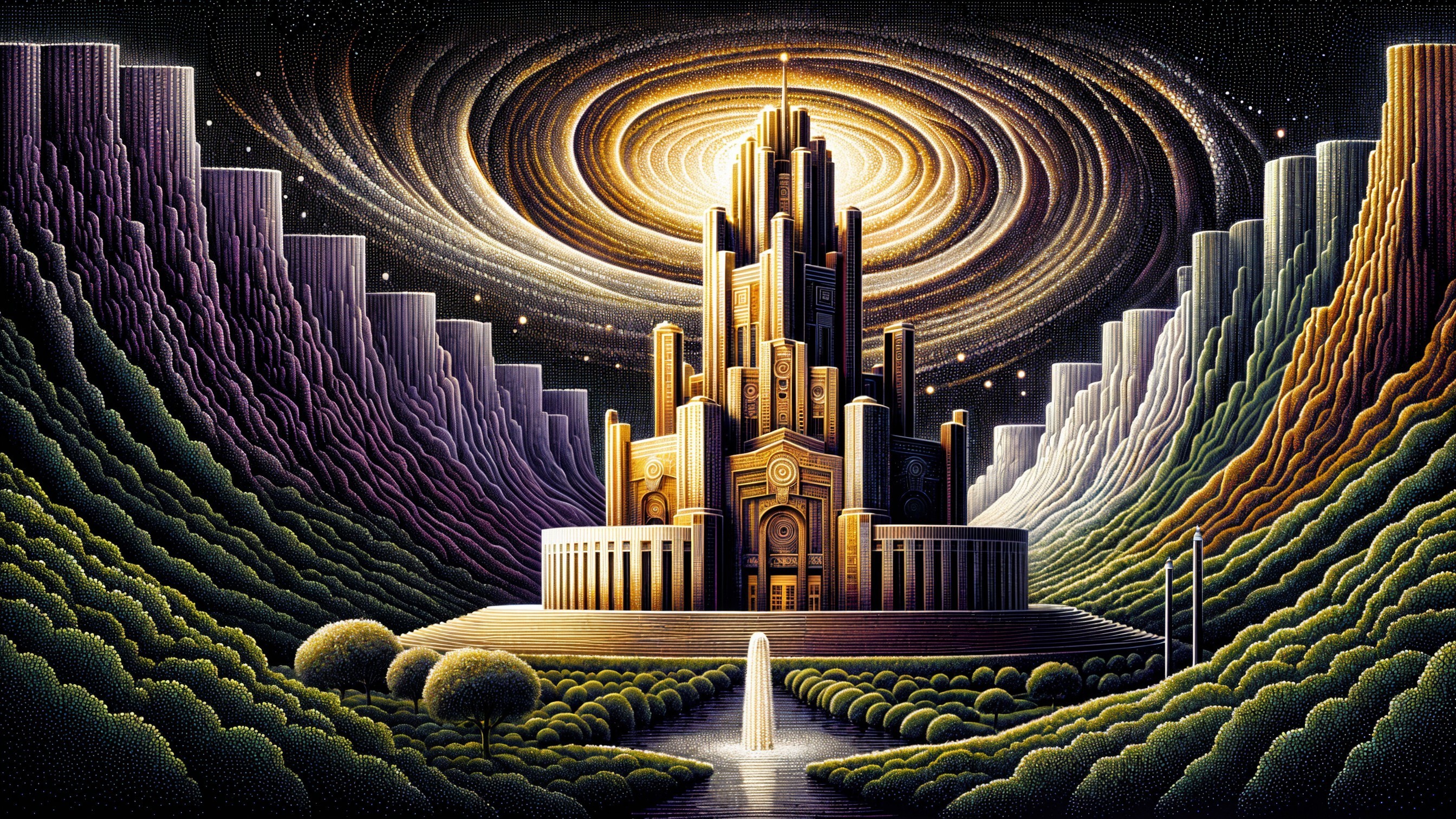 Fantastical castle amidst lush hills and cosmic sky