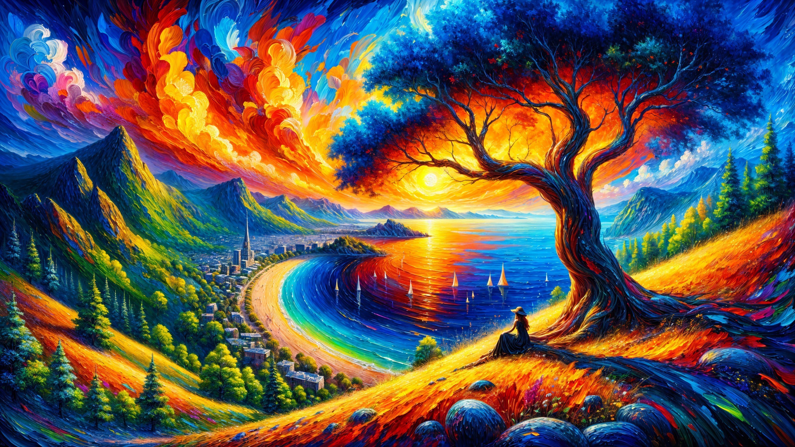 Vibrant Landscape with Tree, Bay, and Mountains