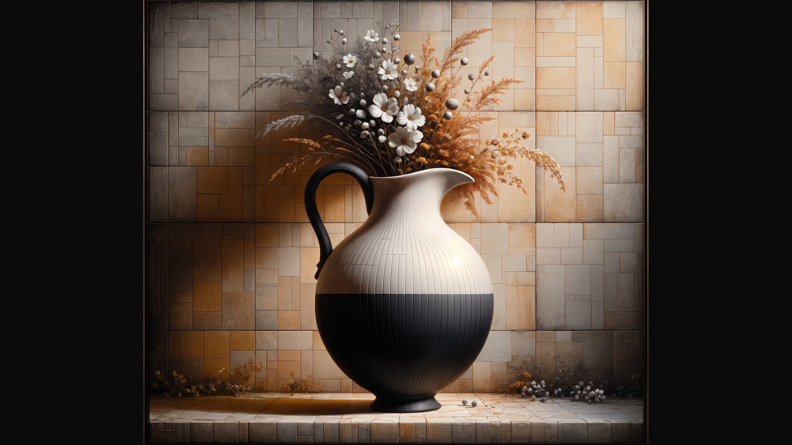 Ceramic Pitcher with Floral Accents on Textured Tiles