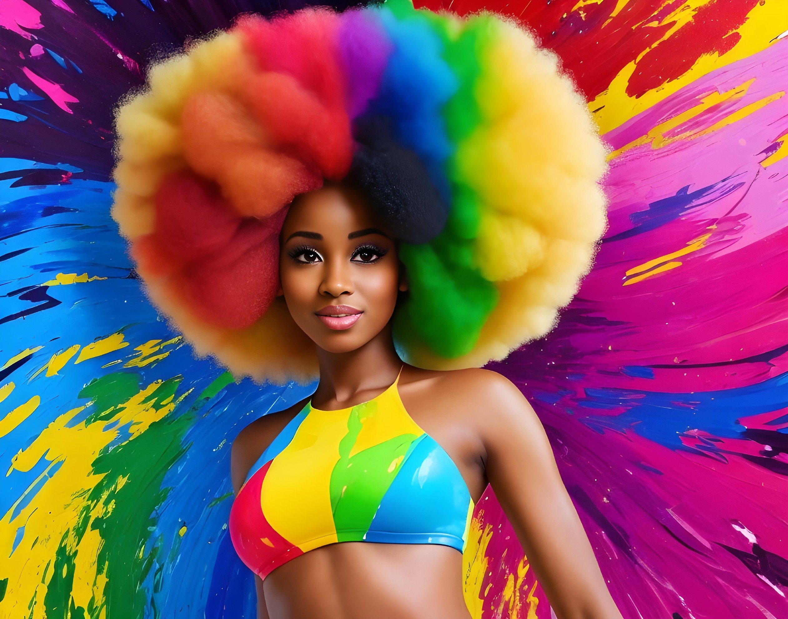 Colorful Rainbow Afro Hairstyle on Woman with Painted Background