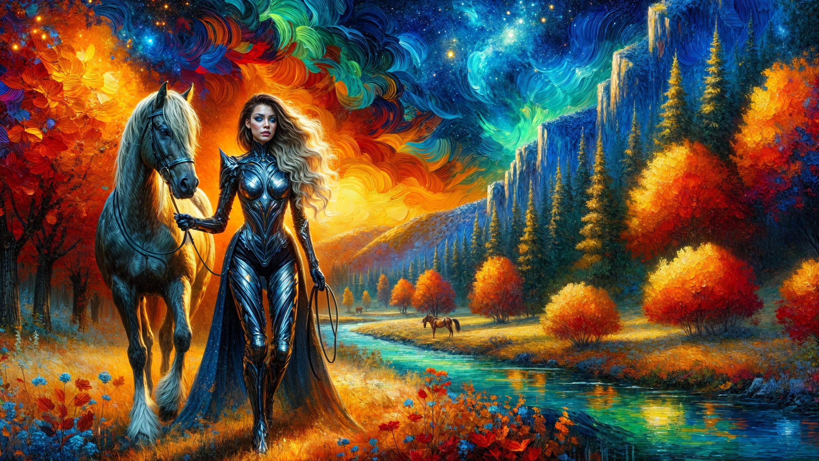 Fantasy Landscape with Woman in Armor and Horse