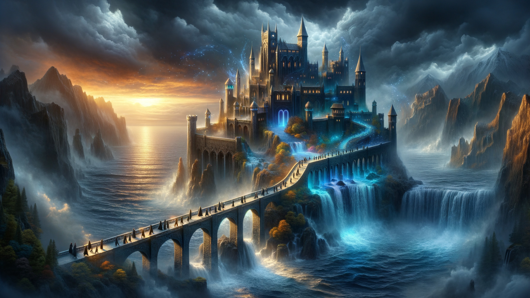 Castle on a Cliff with Waterfalls and Sunset Background