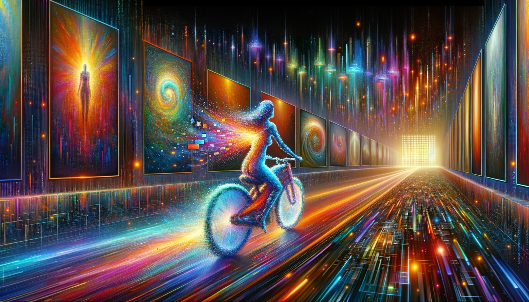 Surreal Bicycle Ride in a Futuristic Art Gallery