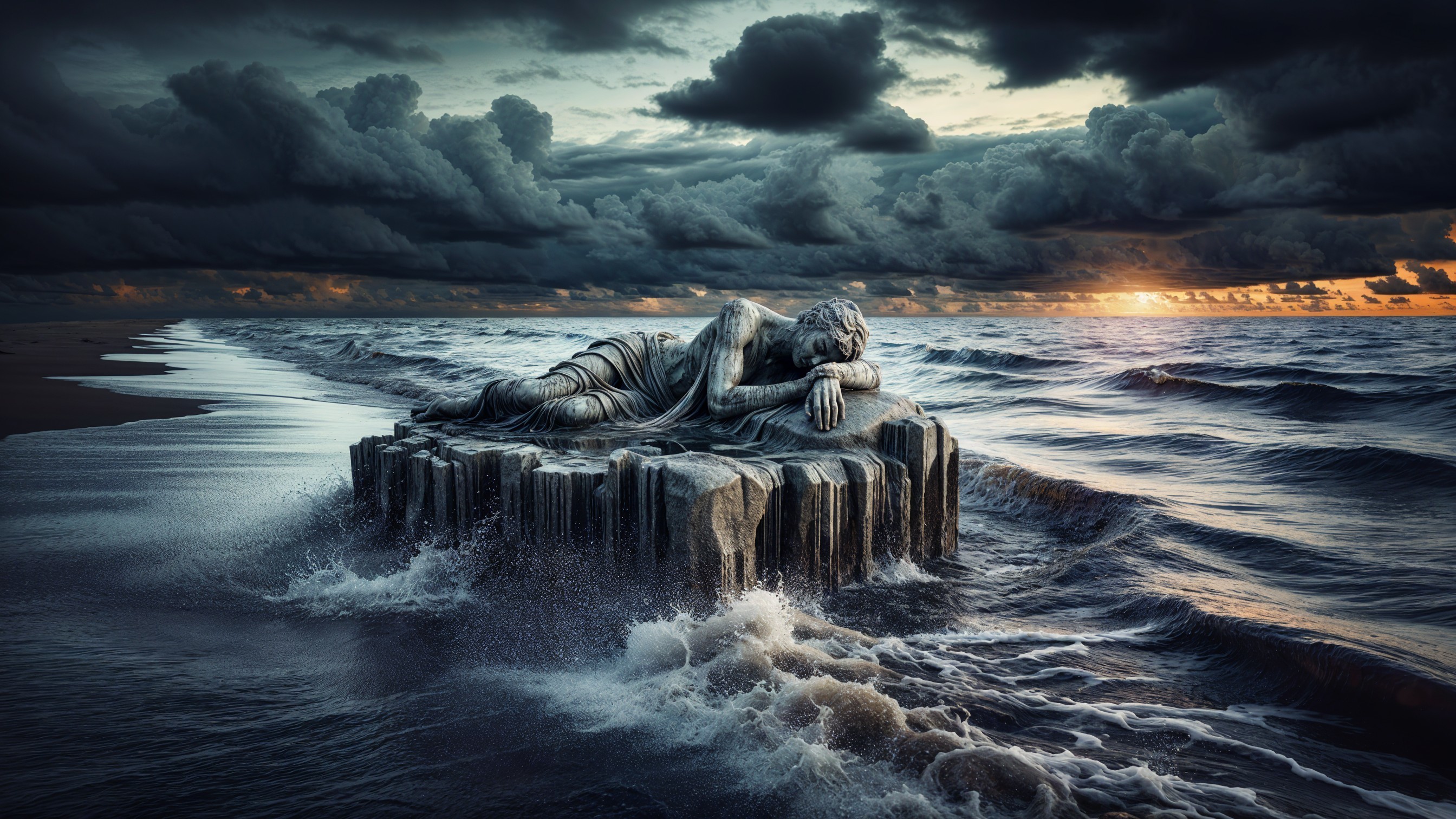 Weathered Reclining Statue on Rocky Formation at Sea