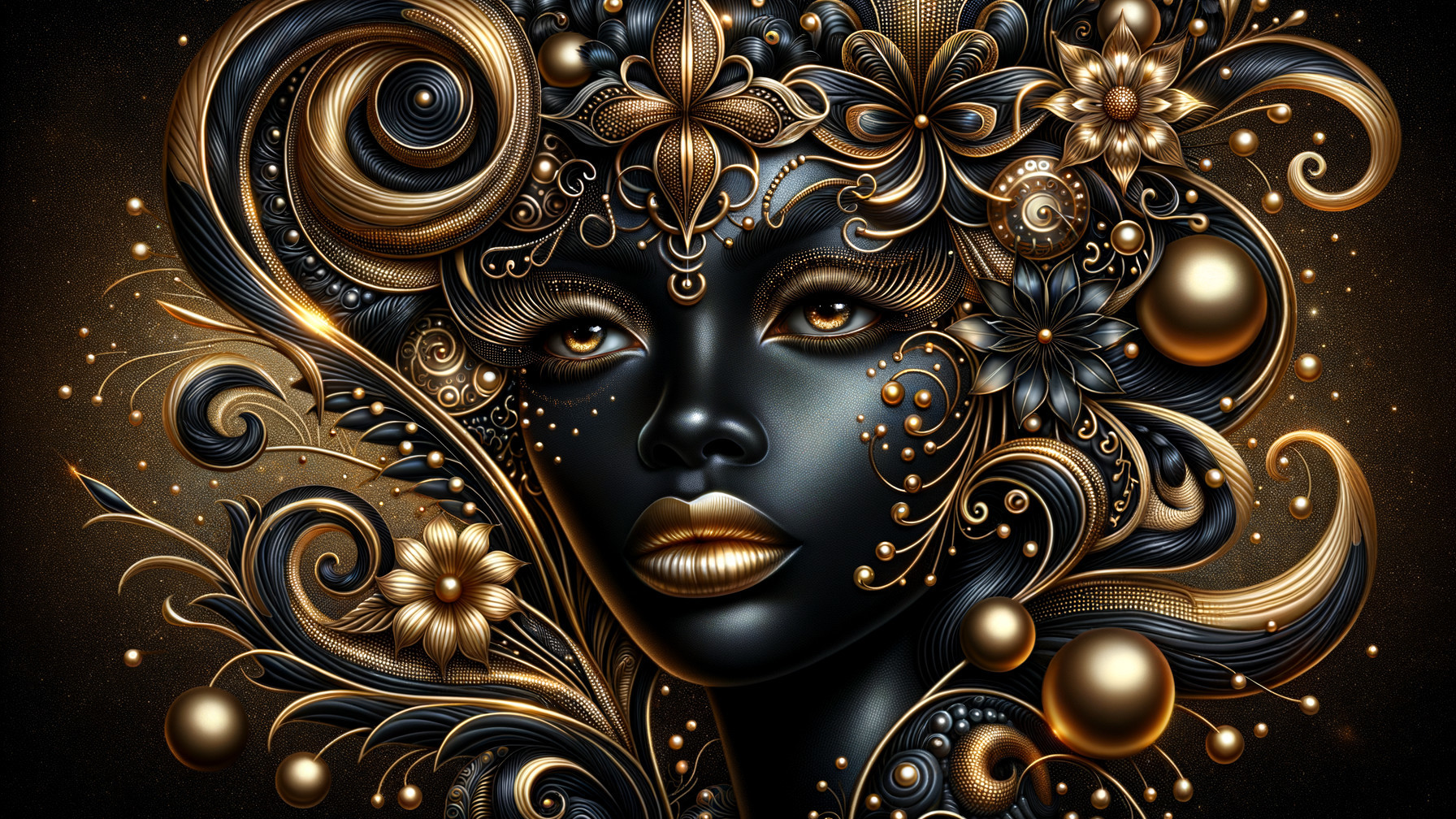 Intricate Portrait of a Woman in Gold and Black Patterns
