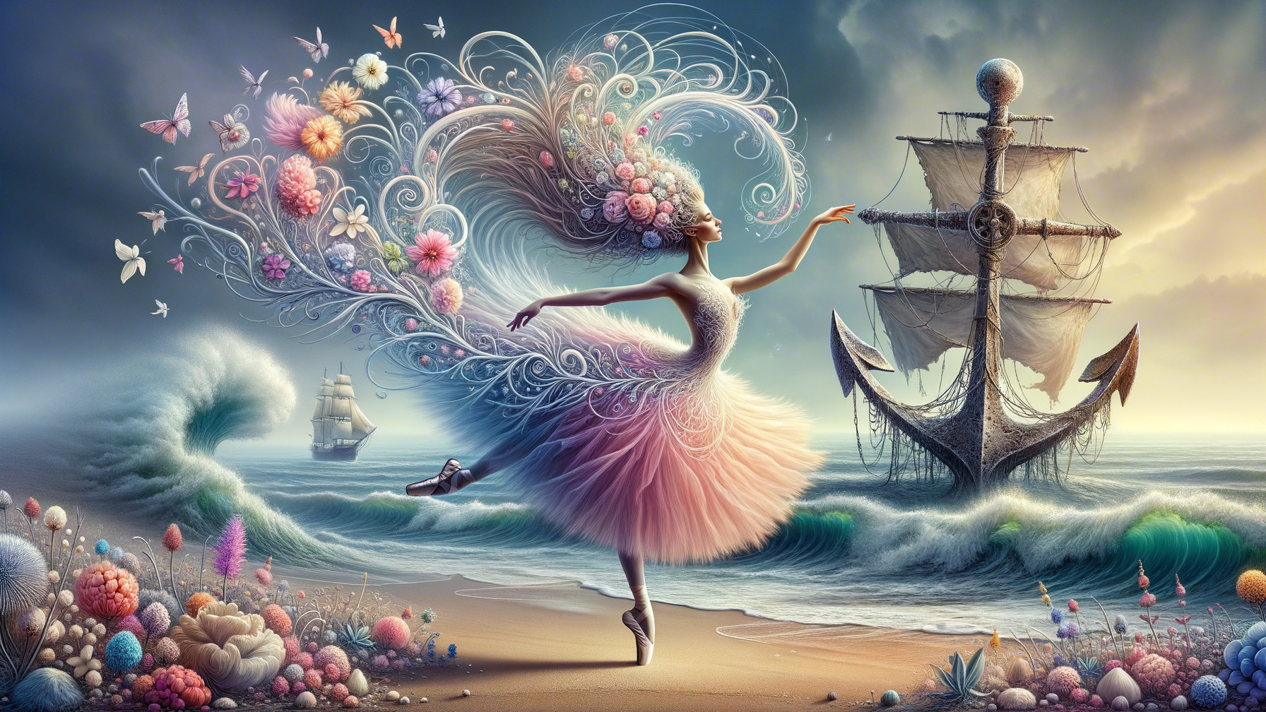 Whimsical Dancer in Floral Dress by the Beach