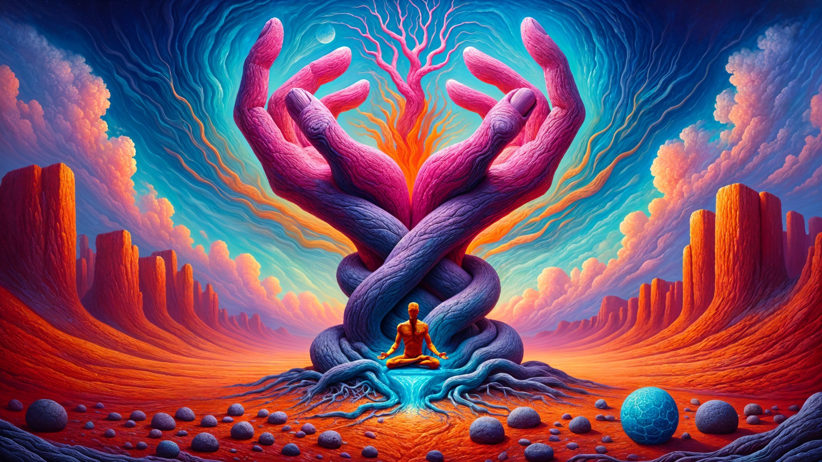 Surreal Landscape with Intertwined Hands and Figure