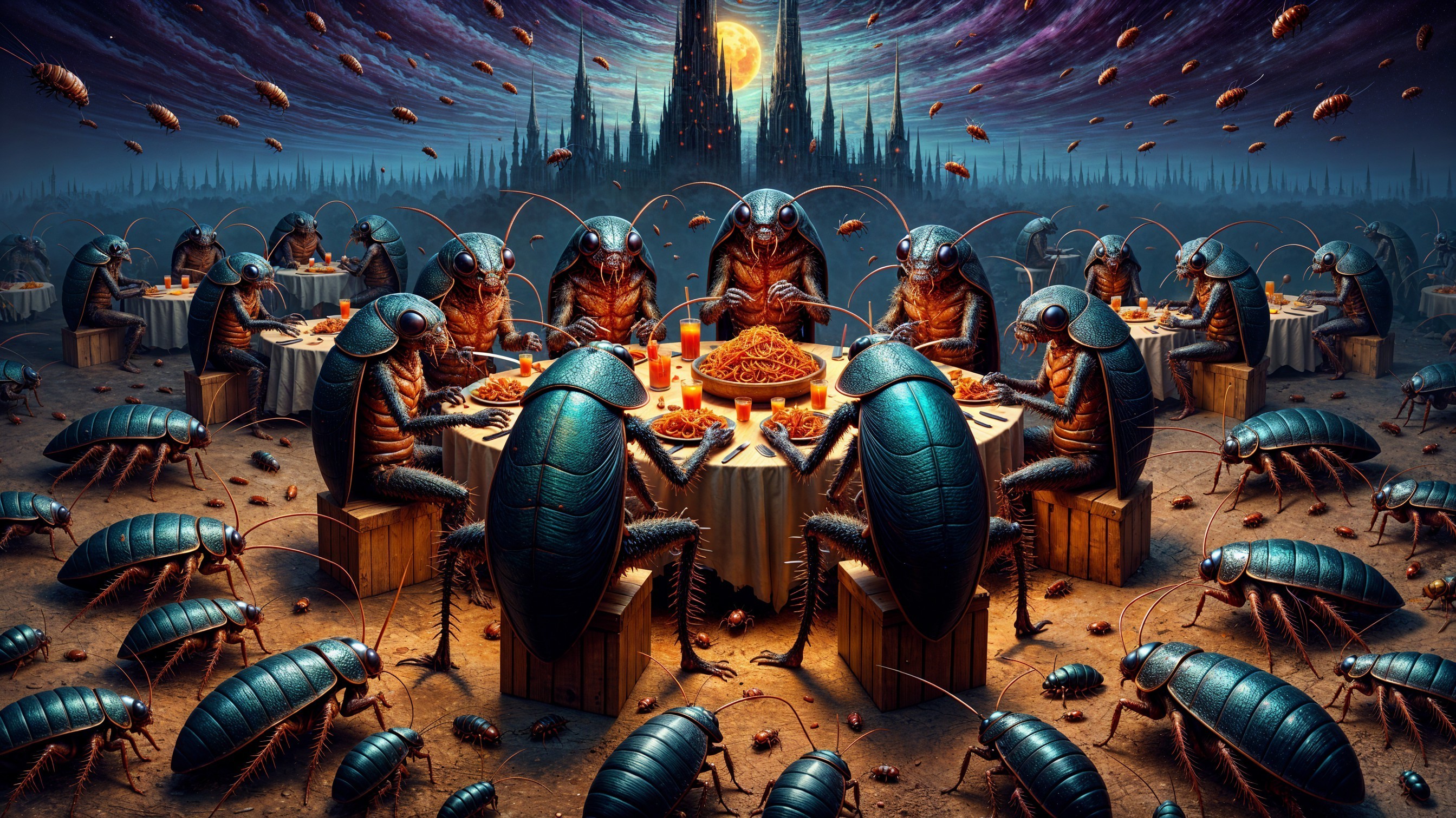 Surreal Dark Fantasy Gathering of Beetles at Tables