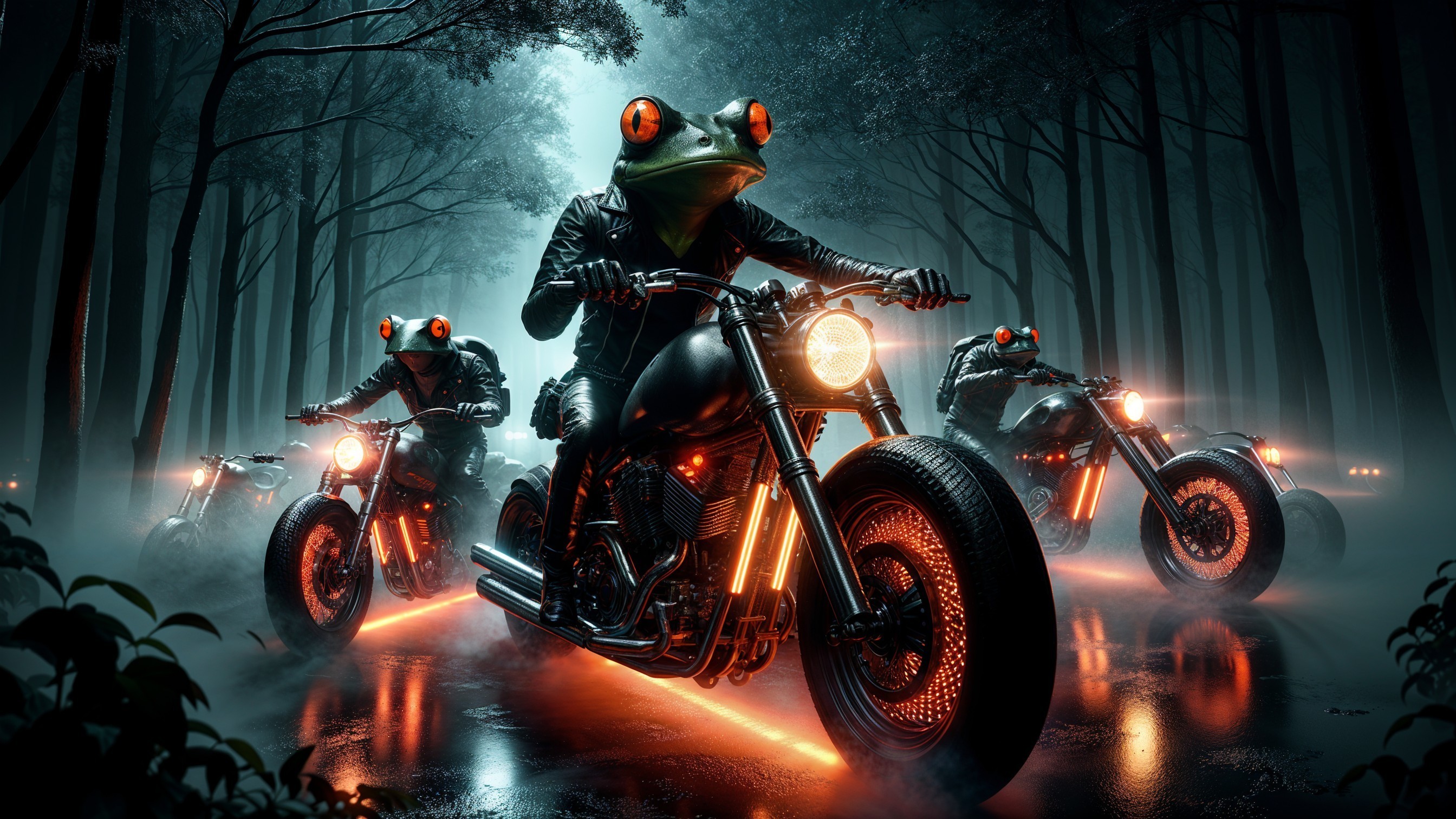 Motorcycle Riders with Frog Heads in Misty Forest