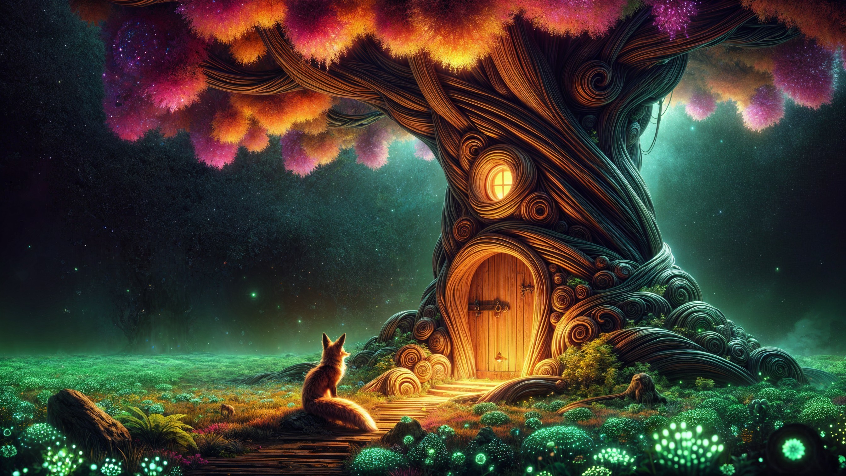 Whimsical Tree in Mystical Landscape with Glowing Mushrooms