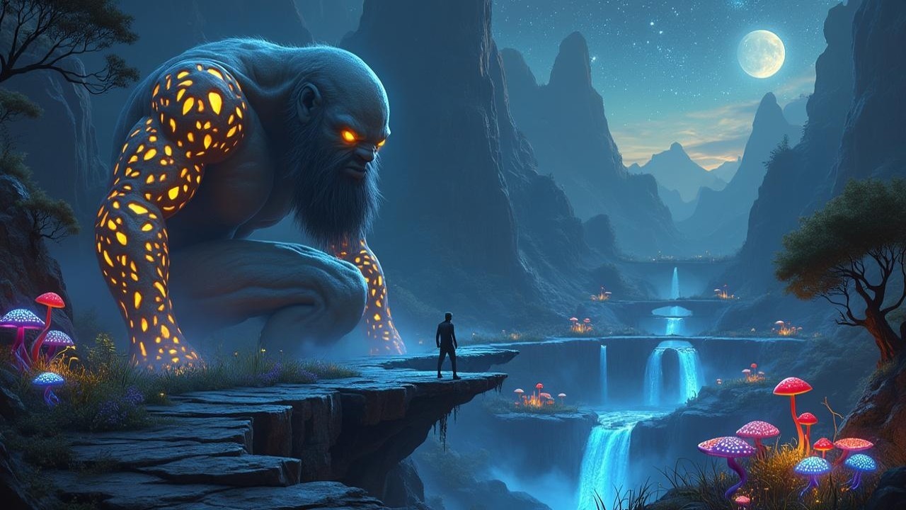 Colossal Glowing Figure in Mystical Landscape Scene