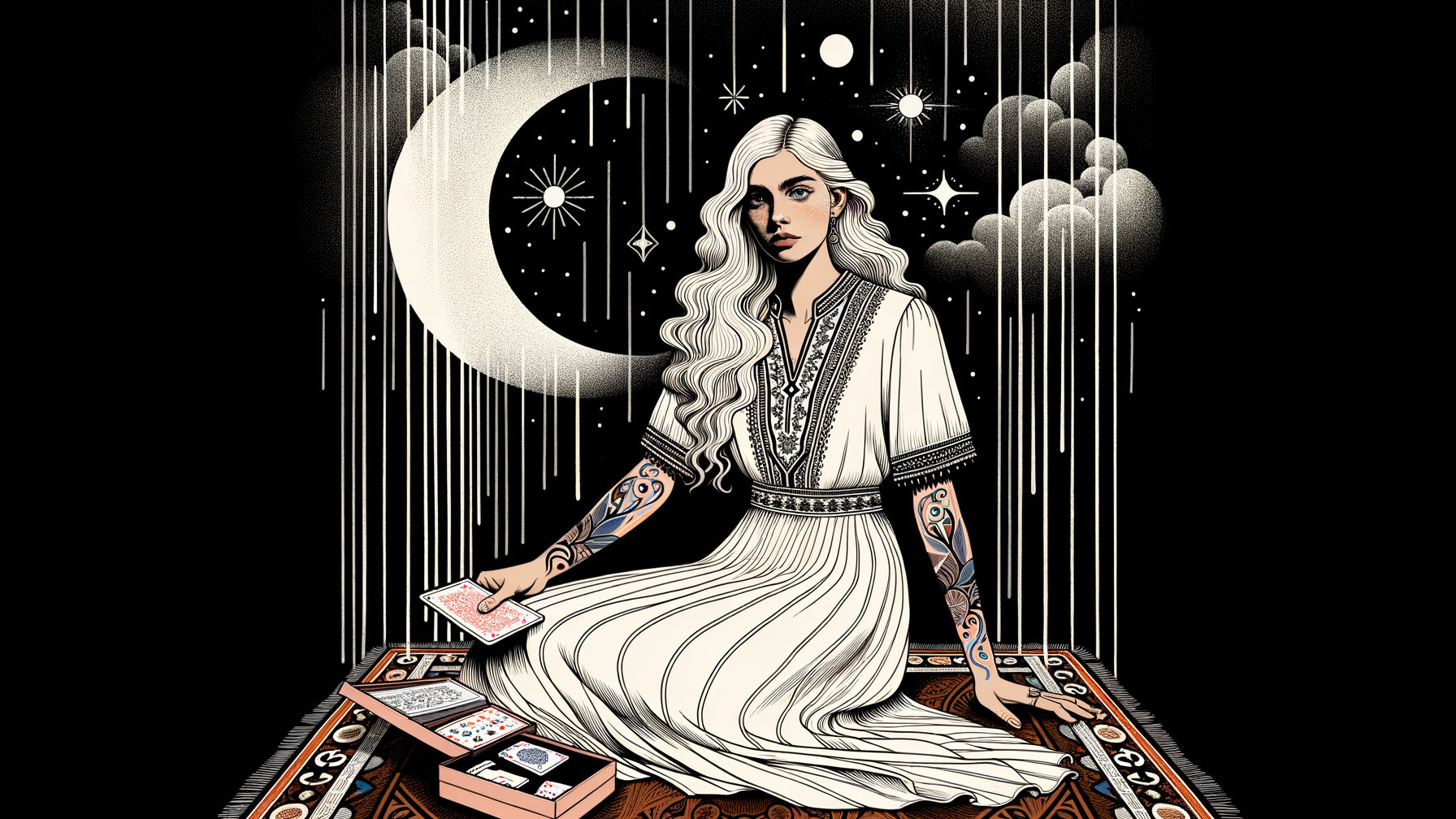Serene Woman in White Dress Amidst Celestial Elements
