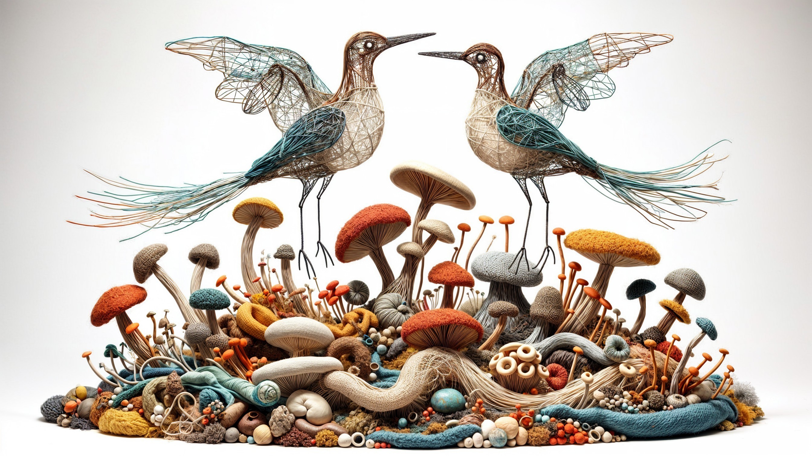 Intricately Crafted Wire Birds Among Colorful Mushrooms