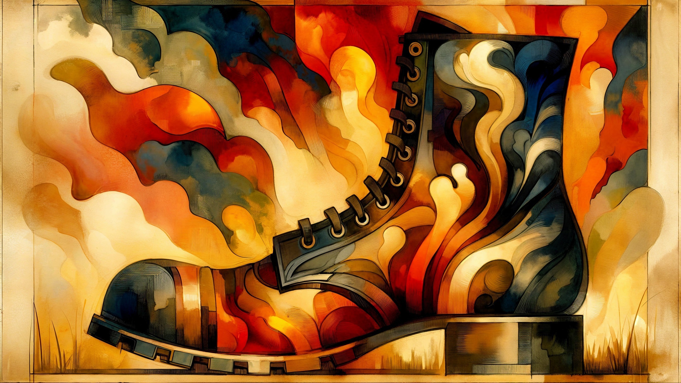 Colorful Combat Boot Surrounded by Abstract Flames