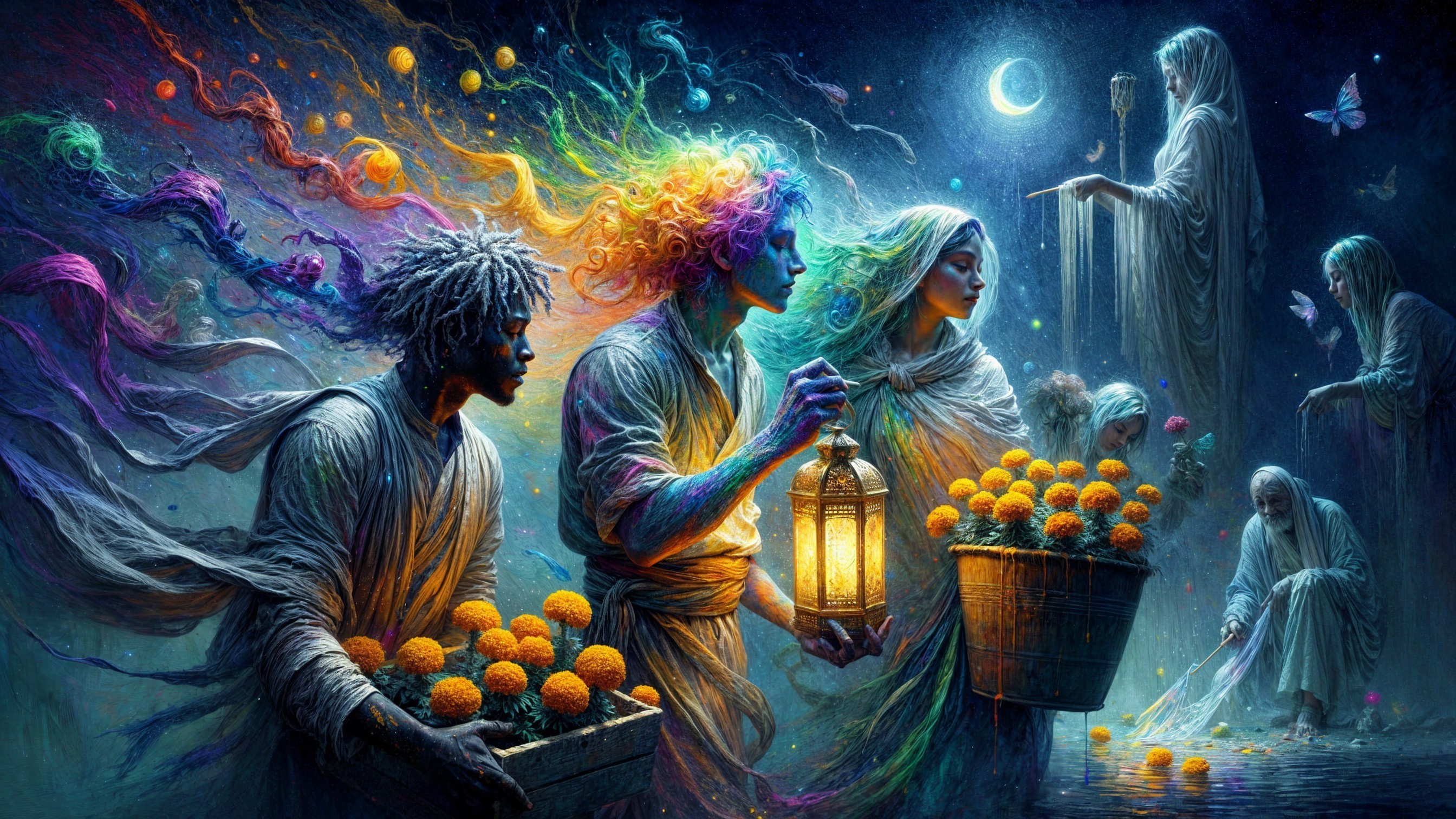 Ethereal Figures with Lanterns in a Dreamlike Scene