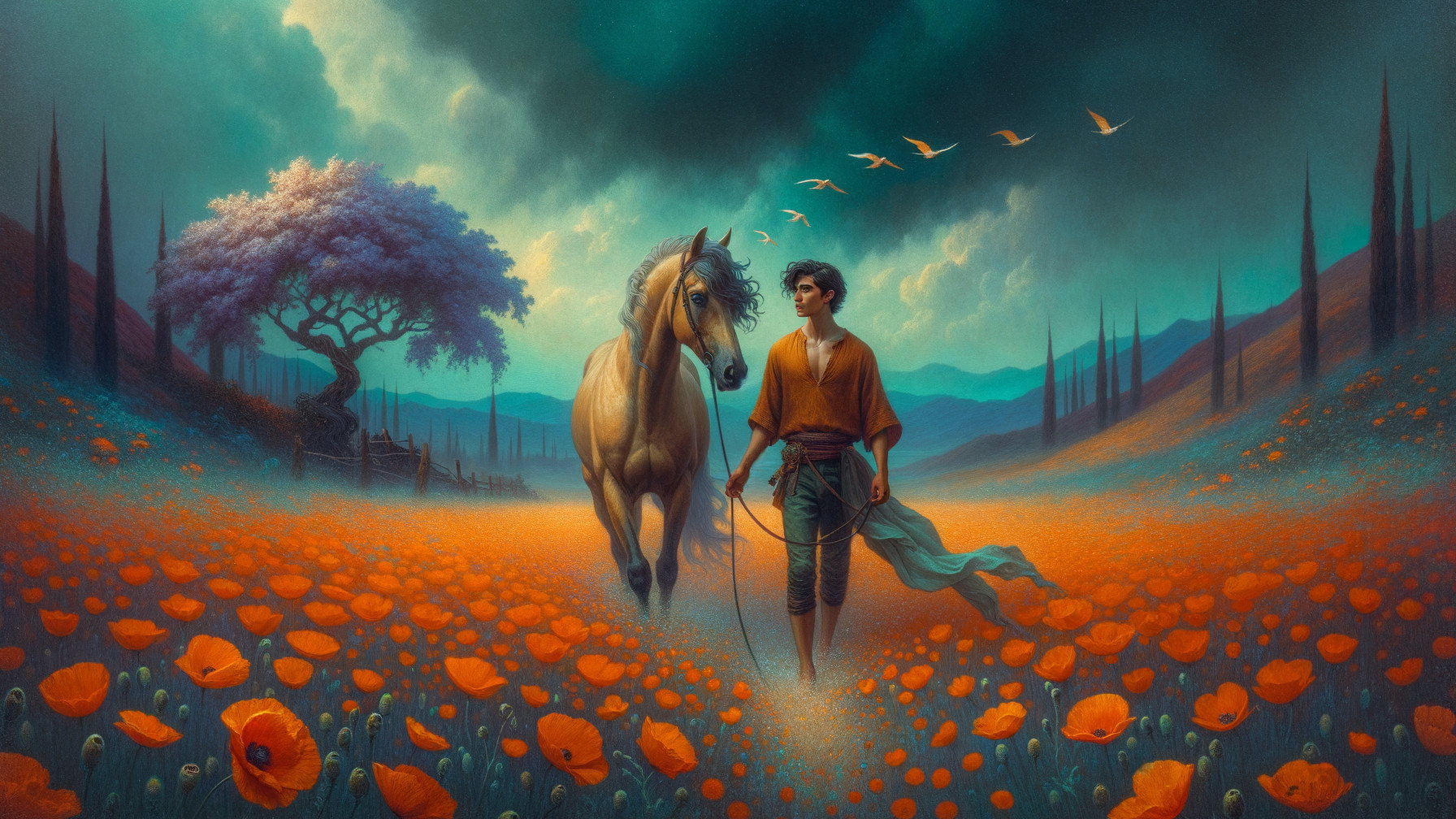 Young man and golden horse in poppy landscape