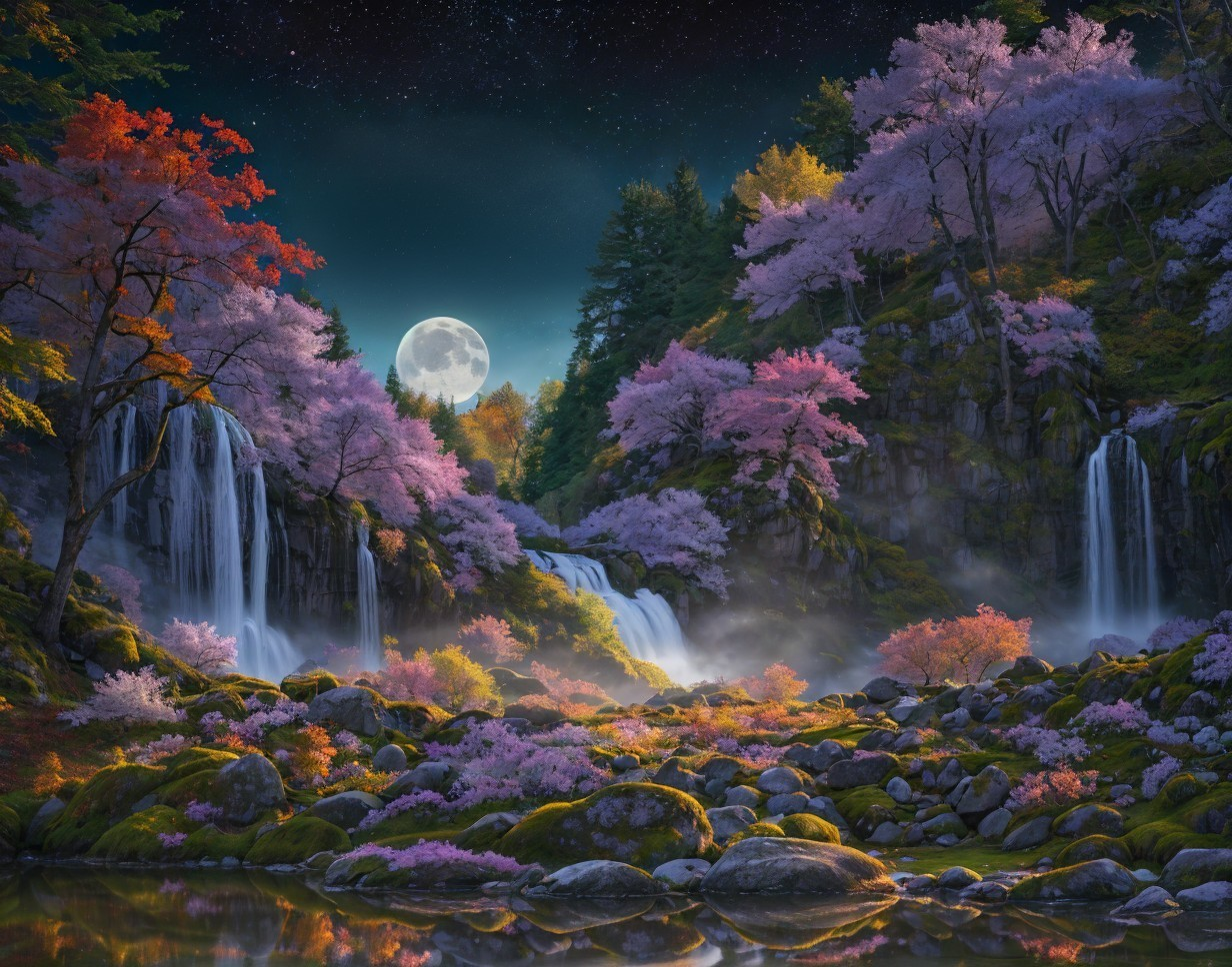 Serene Landscape with Cherry Blossoms and Waterfalls