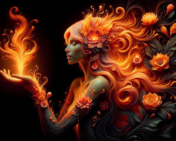 Vibrant Woman with Flowers and Flickering Flame
