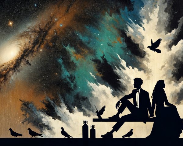Couple in Cosmic Landscape with Pigeons and Stars