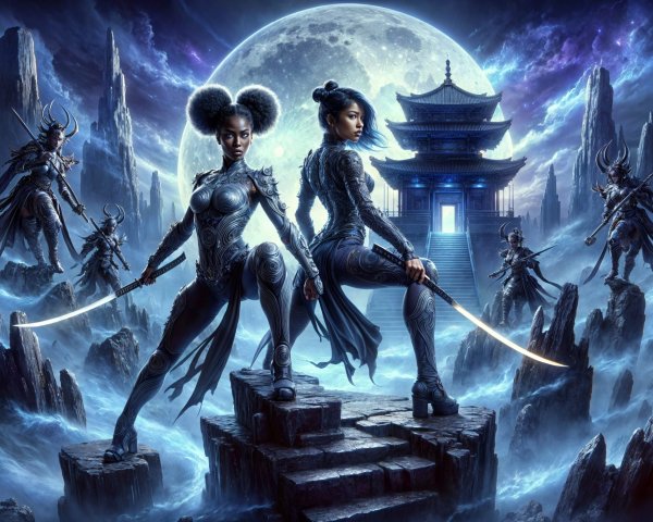 Warriors in Dark Armor on Moonlit Rocky Outcrop