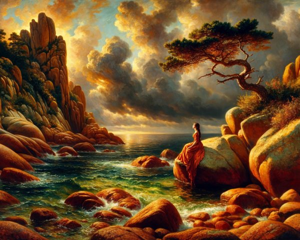 Coastal Scene with Woman in Red Dress and Cliffs