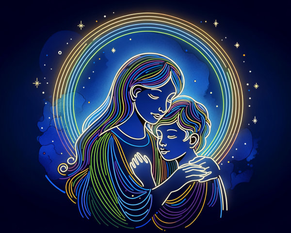 Colorful Neon Illustration of Mother and Child Embrace
