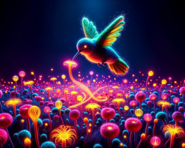 Surreal Hummingbird Over Colorful Glowing Flowers