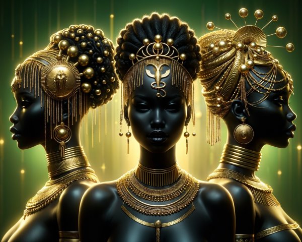 Three adorned figures with dark skin and gold jewelry