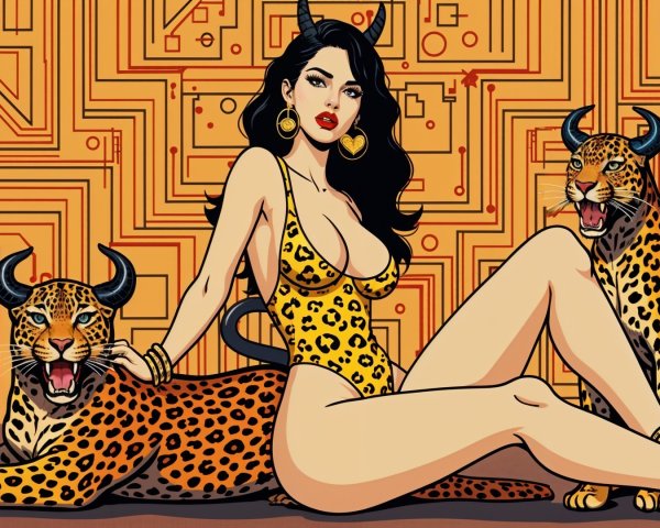 Glamorous Woman in Leopard Print Swimsuit with Leopards