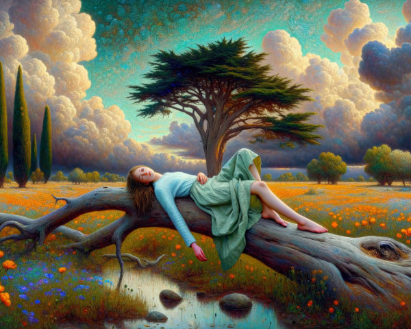 Young Woman on Tree Branch Surrounded by Poppies