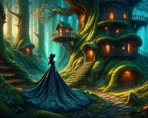 Mystical Forest with Whimsical Homes and Lush Greenery