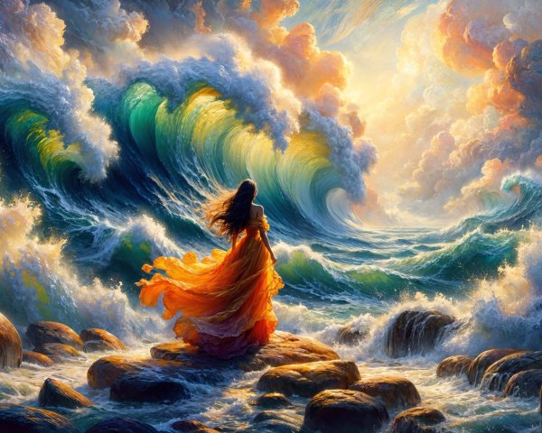 Woman in Orange Dress on Rocky Shores at Sunset
