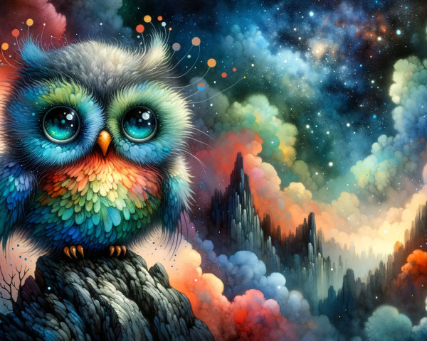 Colorful Owl in a Dreamlike Cosmic Landscape