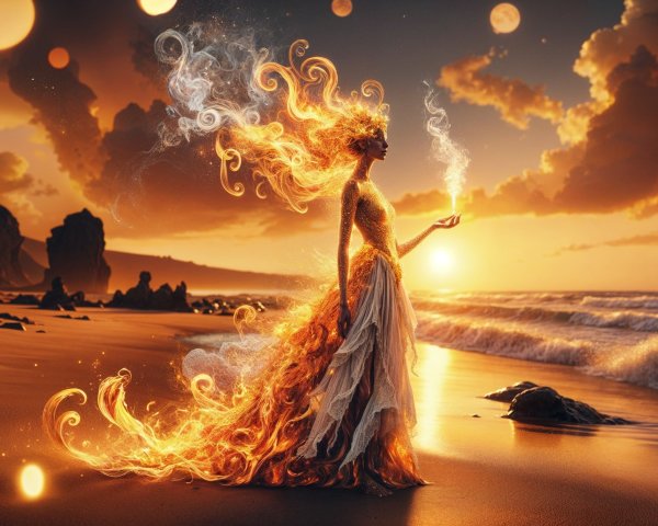 Mystical figure in flowing gown at sunset beach