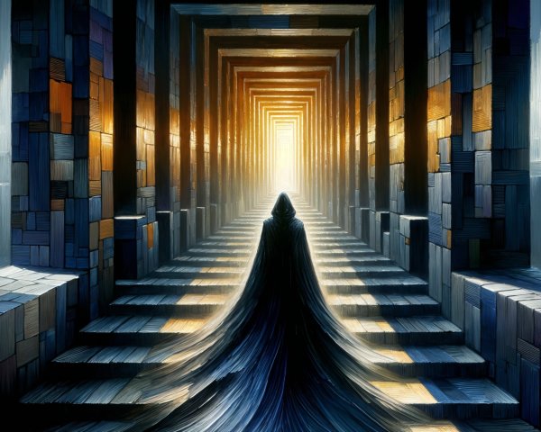 Cloaked Figure at Dark Corridor Entrance with Patterns