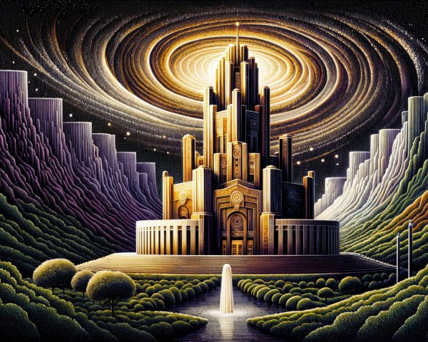 Fantastical castle amidst lush hills and cosmic sky