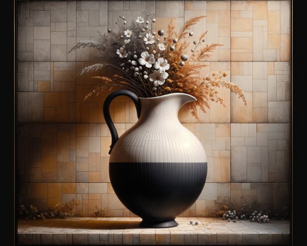 Ceramic Pitcher with Floral Accents on Textured Tiles