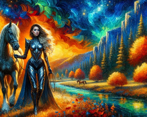 Fantasy Landscape with Woman in Armor and Horse