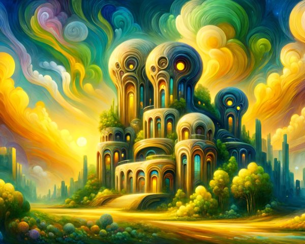 Surreal Landscape with Whimsical Structure and Colors