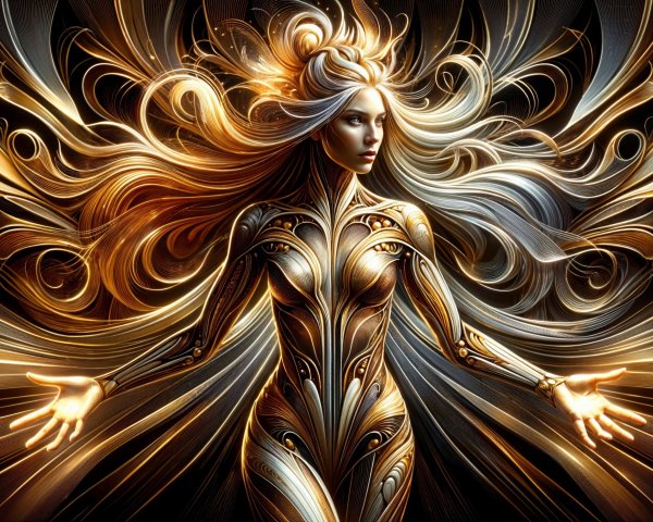 Ethereal Figure with Golden Hair and Luminescent Armor