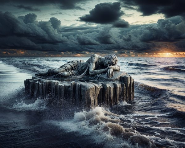 Weathered Reclining Statue on Rocky Formation at Sea