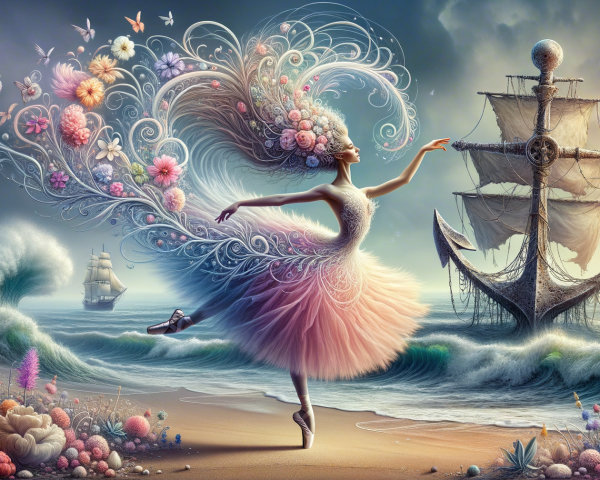 Whimsical Dancer in Floral Dress by the Beach